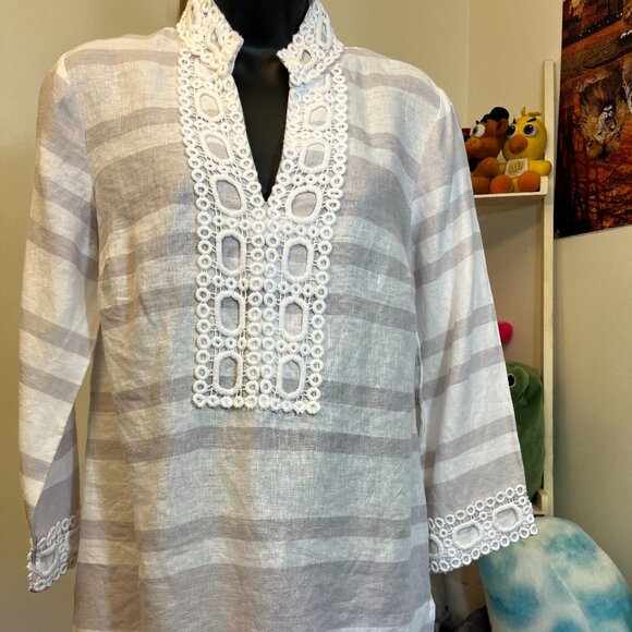 Charter Club Luxury Linen Embroidered Tunic Top Striped Long Sleeve Size Small - Picture 1 of 5